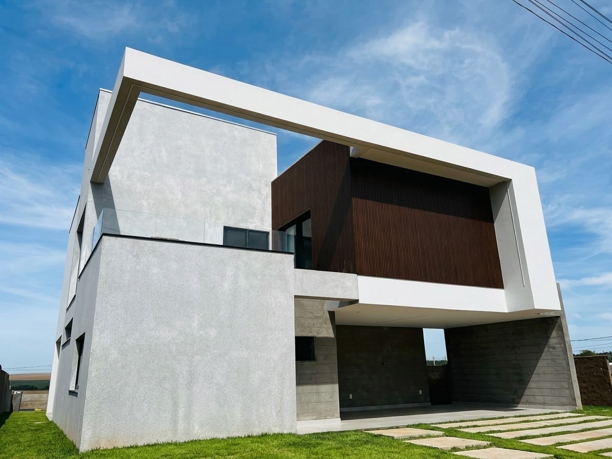 Fachada de residência contemporânea em Brasília com pórtico branco, painel de madeira ripada e volumes em textura mineral